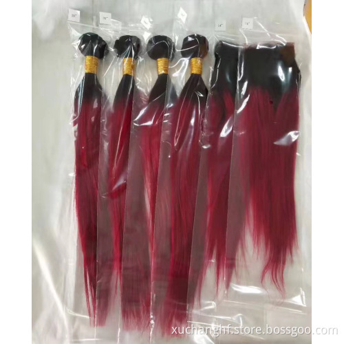 Dark Wine Colour 99J Straight Human Hair Weave Bundles With Lace Closure 1b/99J Virgin Hair Colored Bundles With Lace Frontal